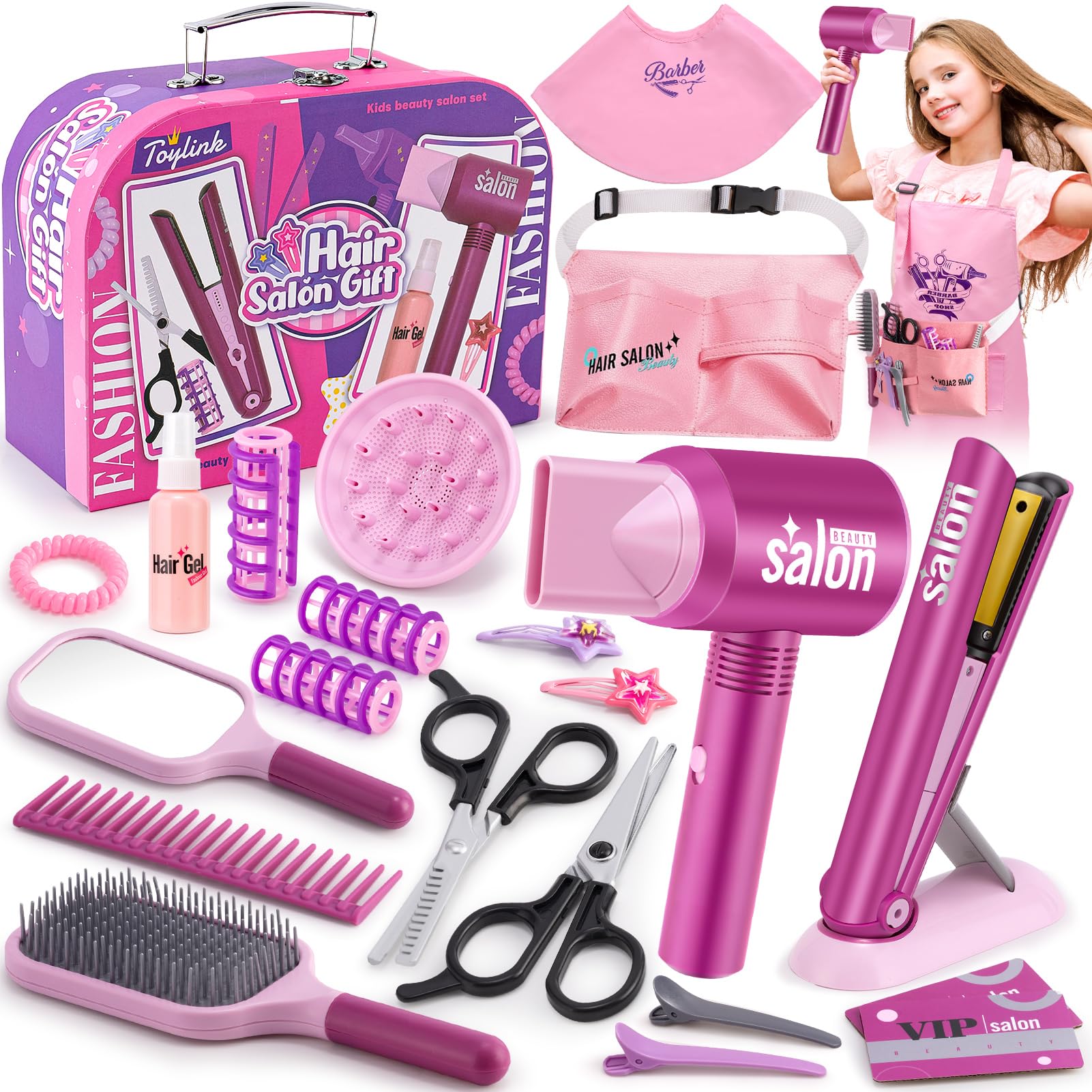 Toylink Hair Salon Pretend Play Toys For Girls 3 4 5 6 Year Old, Makeup Playset Toddler Dress Up Beauty Hair Stylist Kit With Ha