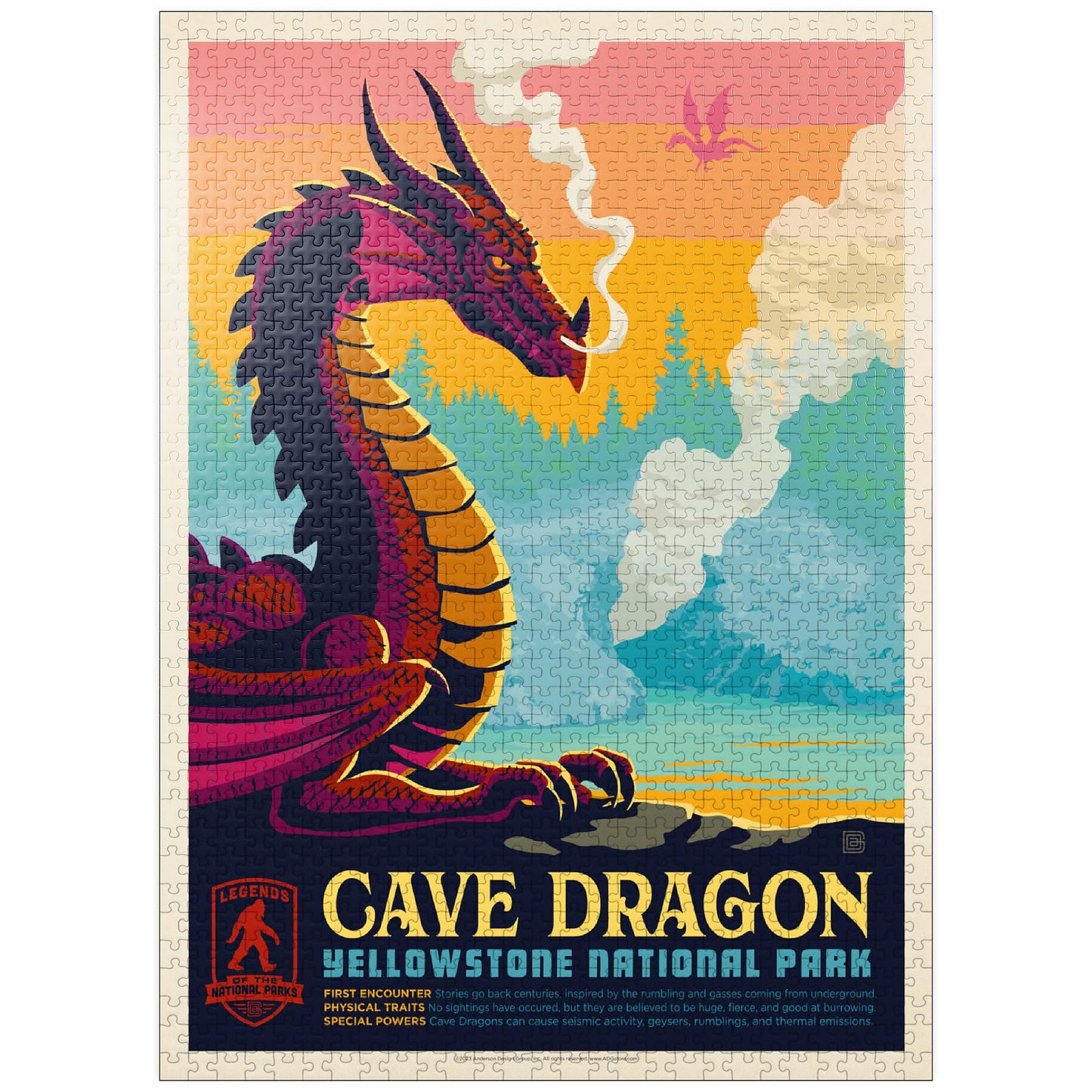 MyPuzzle Legends of The National Parks: Yellowstone's Cave Dragon, Vintage Poster - Premium 1000 Piece Jigsaw Puzzle for Adults