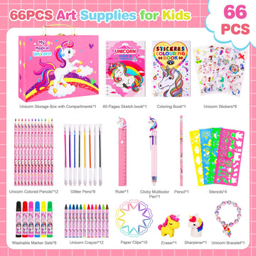 Art Supplies For Kids,66Pcs Drawing Kits With Unicorn Storage Case For Girls Age 4-12,Art Case Coloring Sets,Crayon,Colored Pencils,Coloring Book Sketch Book Drawing Stuff,Gift Toys For Girls Age 5-10