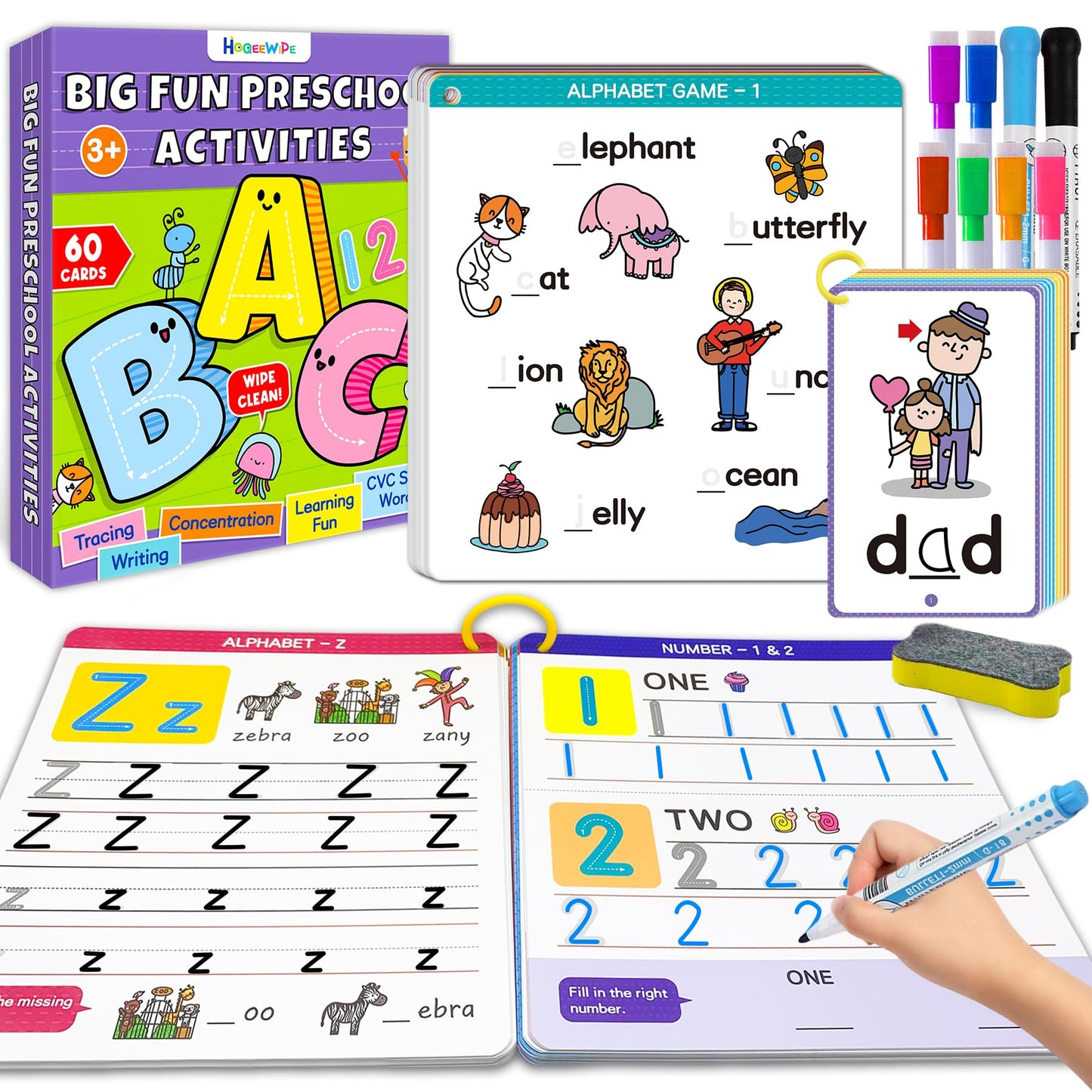 Hoqeewipe Preschool Learning Activities - Reusable Handwriting Tracing Books For Kids, Prek Kindergarten Workbooks, Cvc Word Gam