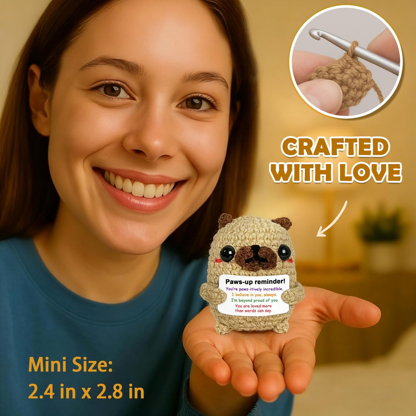 Krinisou Proud of You Crochet Pug Gift, Encouragement Inspirational Graduation Congratulations Gift for Son Daughter from Mom Da