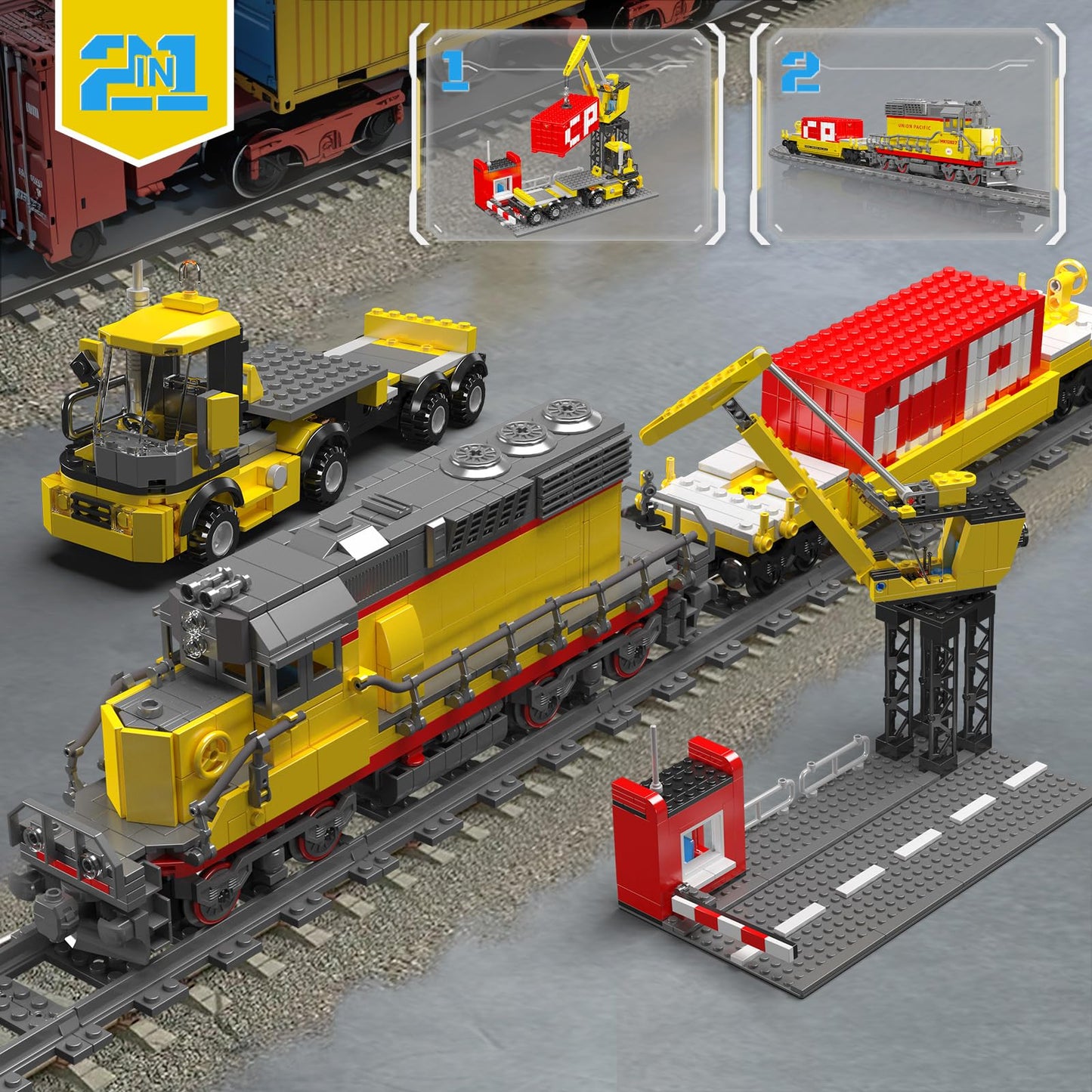 Mould King 12027 Diesel Locomotive Train Building Sets With A Semi-Trailers, Cranes, Remote/App Control Engineering Toy Kit, Scale Model With Trains Tracks For Adults Kids (1170 Pieces)