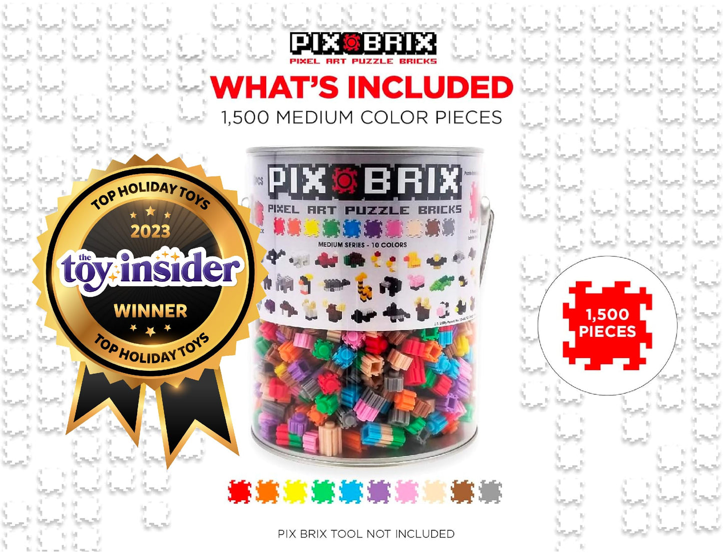Pix Brix Pixel Art Puzzle Bricks Bucket, 1,500 Piece Kit, Medium Palette, Plastic, Model PBCM, STEM Toys for Ages 6+