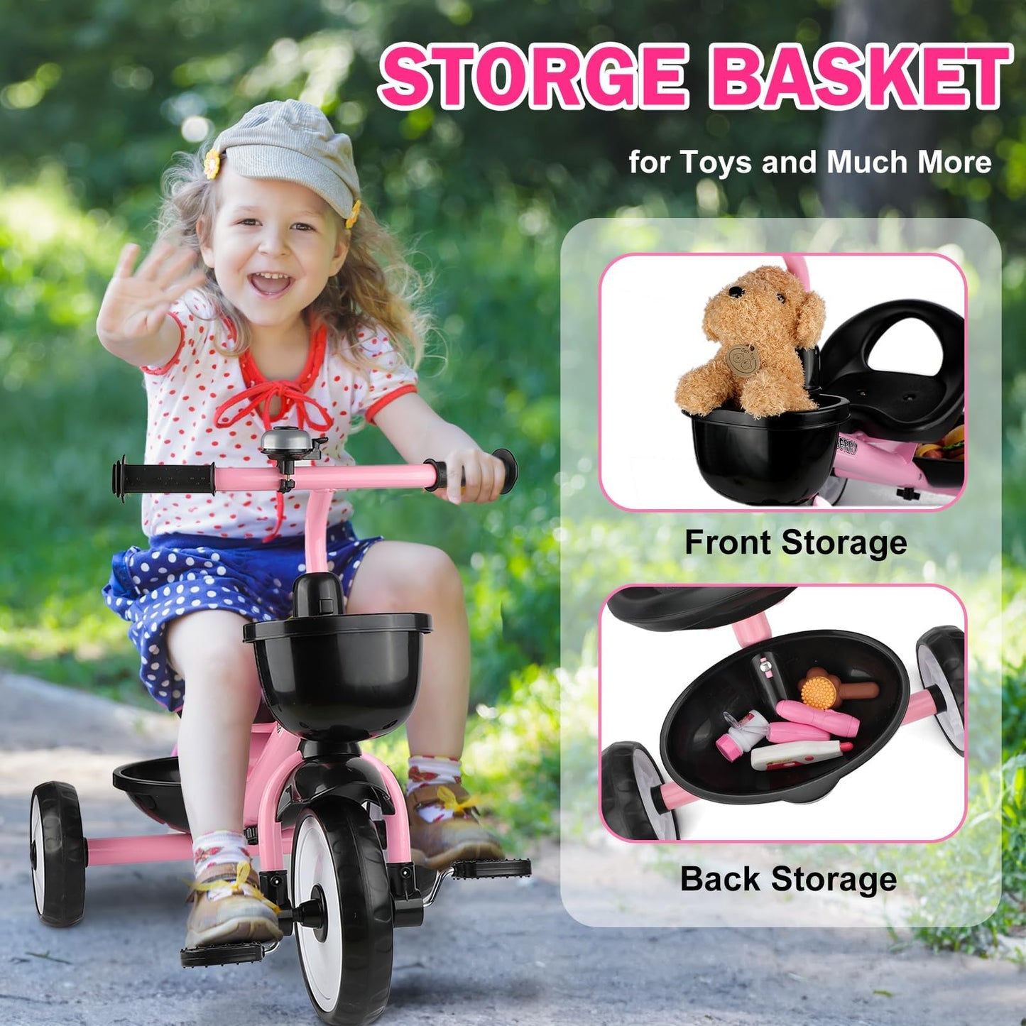 Liberry Toddler Tricycle for Girls 2 3 4 Years Old, Kids Trike with Bell, Front Back Basket and Removable Pedal, 3 Wheel Bike Ou