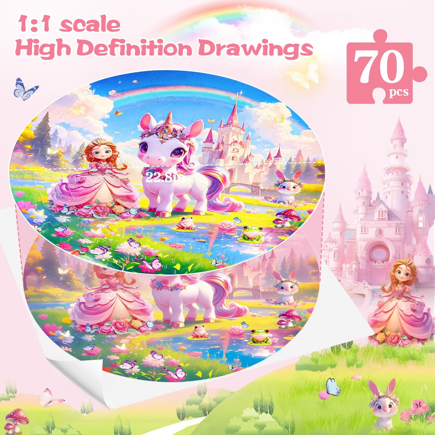 Digobay Floor Puzzles For Kids Ages 4-6, 70 Pieces Large Round Unicorn Princess Floor Puzzle Unicorn Jigsaw Puzzle Toy For 3 4 5
