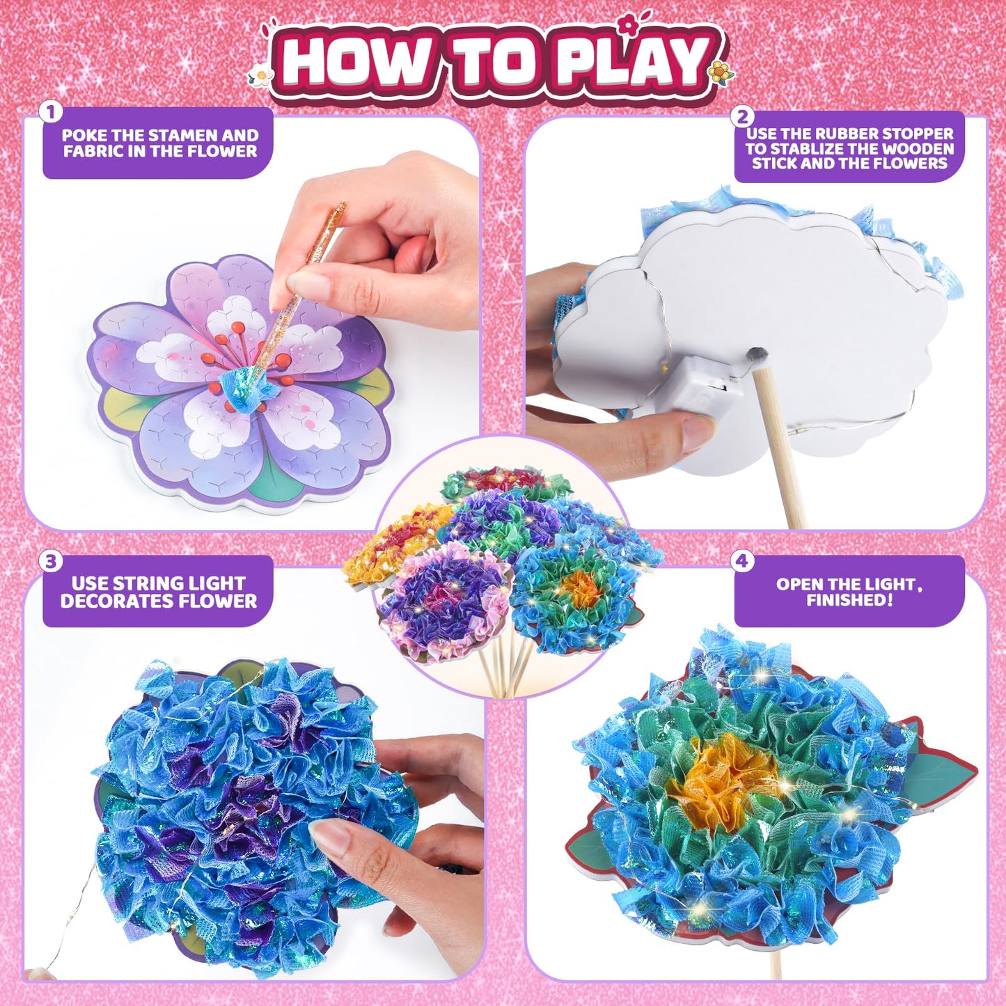 Flower Bouquet Art Craft Kit, Poke DIY Creative Activity Kit with with 6 Flowers & 6 Light Strings, Mess-Free Fun for Girls & Bo