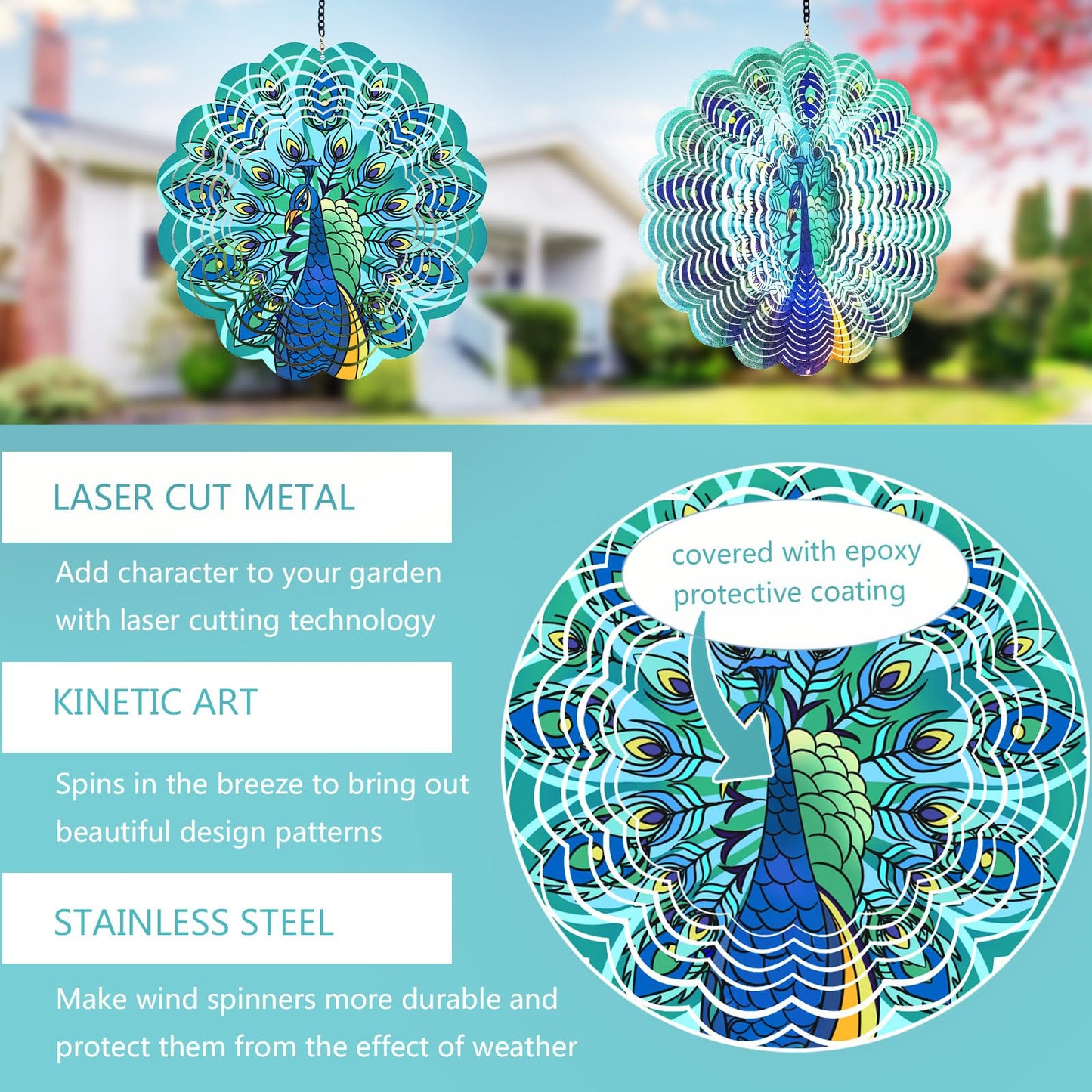 Peacock Metal Wind Spinners - Gifts For Women Mom Grandma Wife, Hanging Wind Spinner For Outdoor & Indoor Decorations, 12 Inch W