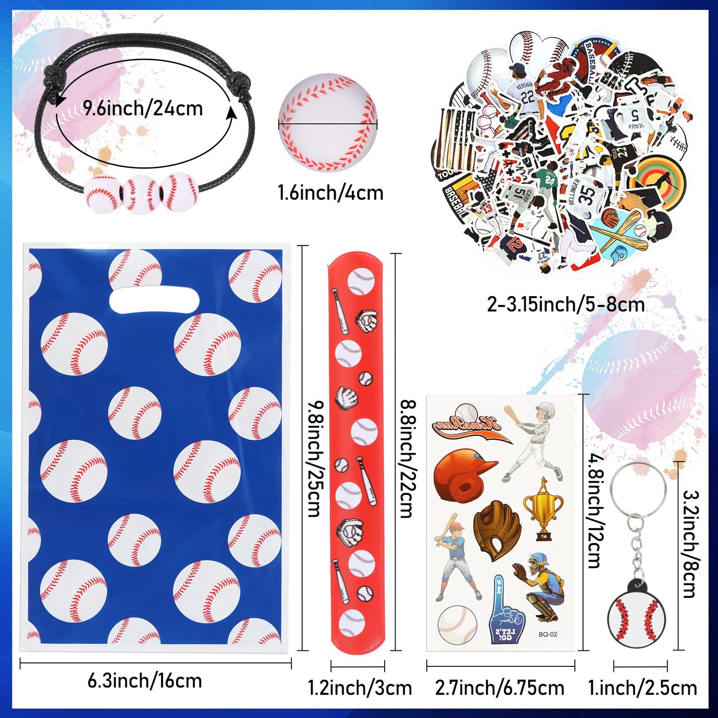 295 Pieces Baseball Party Favors Supplies Set Bulk Mini Baseballs Slap Bracelet Tattoo Sticker Keychain Adjustable Bracelet Good