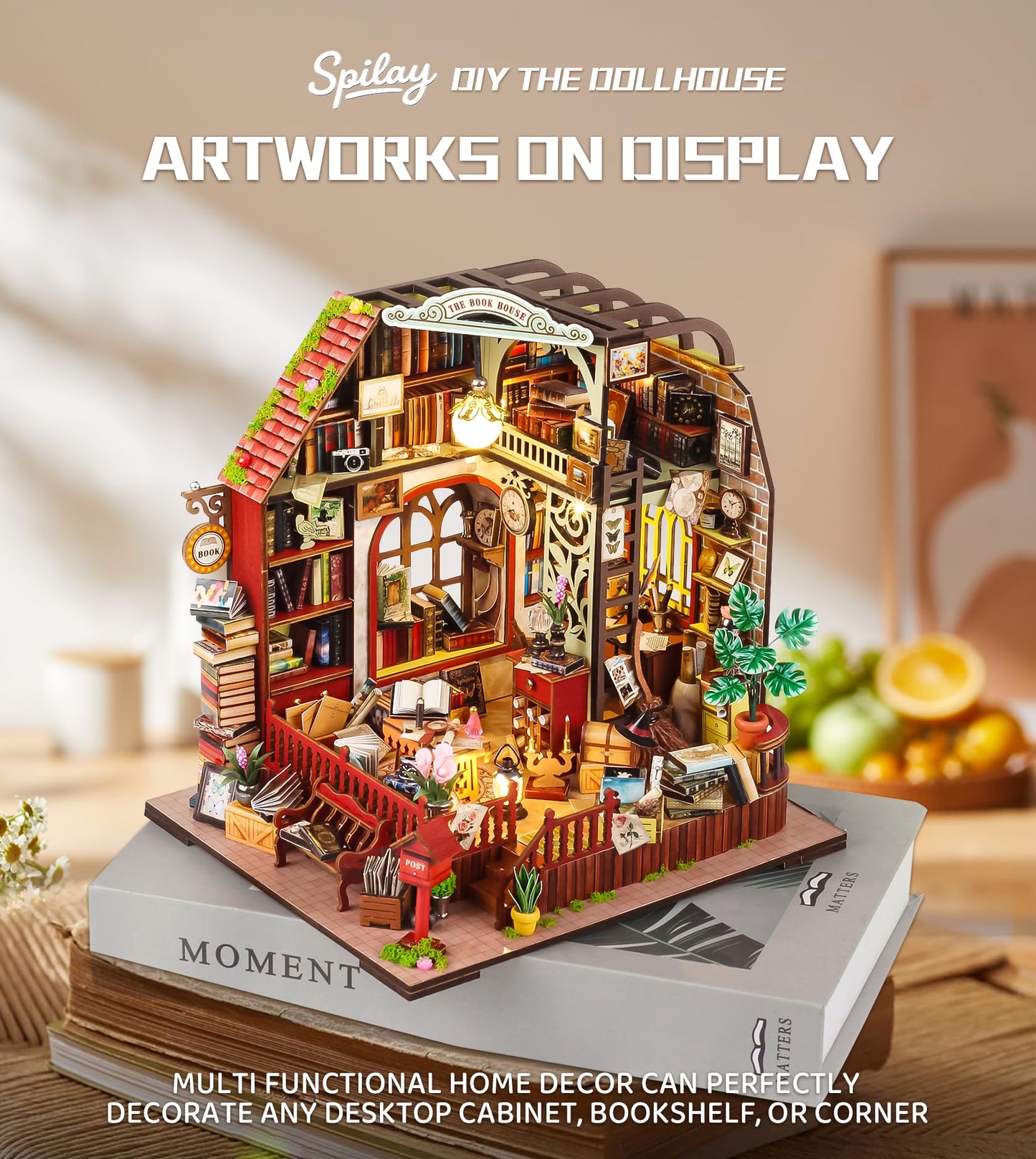 Spilay DIY Miniature Dollhouse Wooden Furniture Kit Mini Handmade Mini Model with Dust Cover & Music Box 1:24 Scale Creative Woodcrafts Toys for mature-themed Friend Lover Birthday Gift-Book House