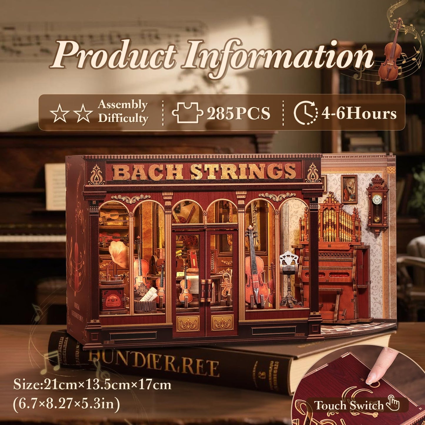 CUTEBEE Book Nook Kit - DIY Miniature House Dollhouse Kit for mature-themed and Teens  Booknook Bookshelf Decor Alley Model Build with LED Light  Gifts for Family and Friends (Bach Strings)