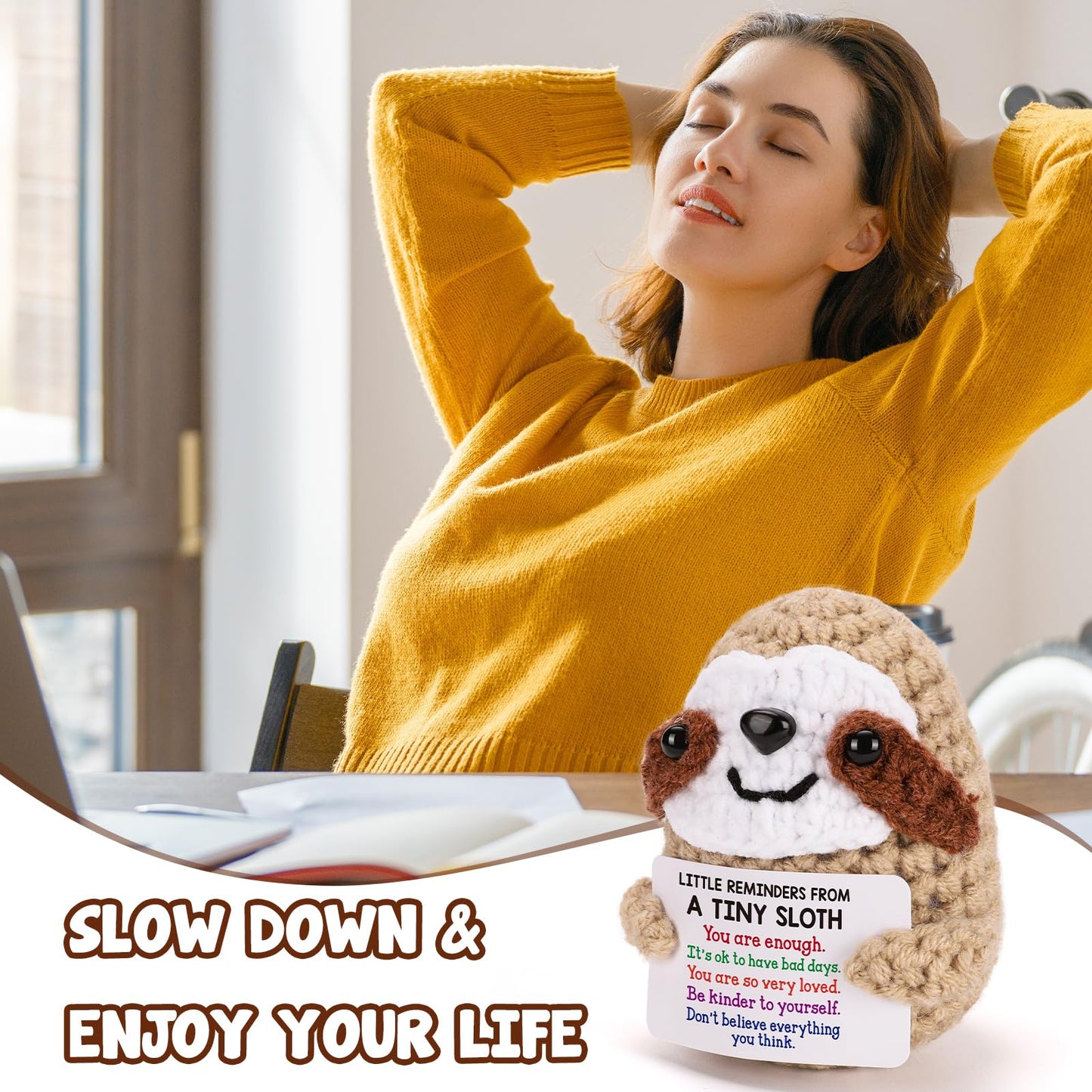 MBL Inspirational Gifts for Kids - Funny Crochet Sloth, Small, Brown, Perfect for Valentine's Day & Birthdays, Emotional Support Gift