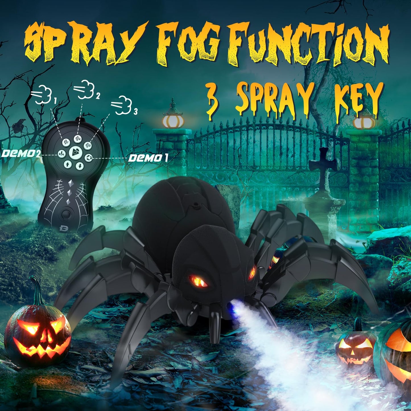 DEERC Remote Control Spider Robot - Black Widow Toy with Spray & Lights, Model DE80-UK4, Perfect for Halloween & Kids' Parties