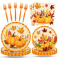 100 Pcs Fall Pumpkin Leaves Tableware Party Supplies Set, Serves 25 - Disposable Autumn Harvest Paper Plates, Napkins, and Forks