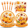 100 Pcs Fall Pumpkin Leaves Tableware Party Supplies Set, Serves 25 - Disposable Autumn Harvest Paper Plates, Napkins, and Forks