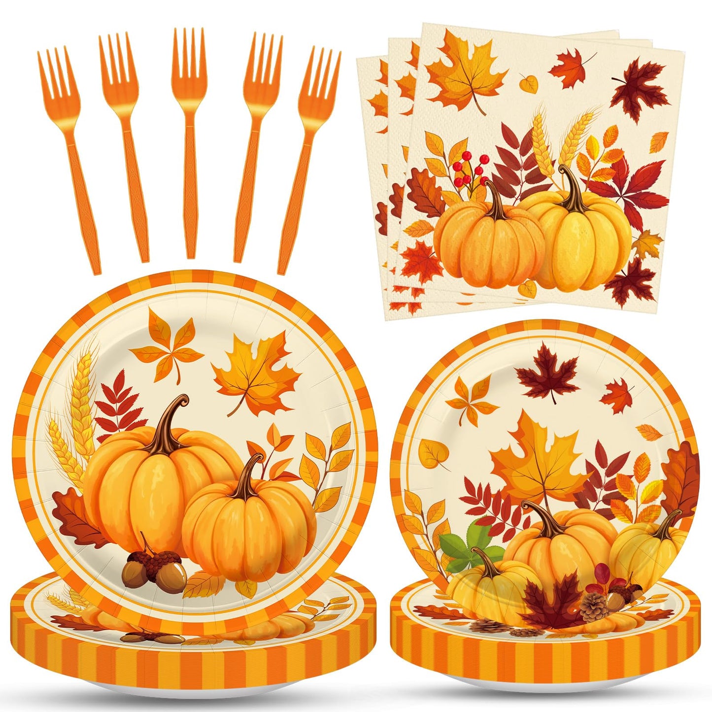 100 Pcs Fall Pumpkin Leaves Tableware Party Supplies Set, Serves 25 - Disposable Autumn Harvest Paper Plates, Napkins, and Forks