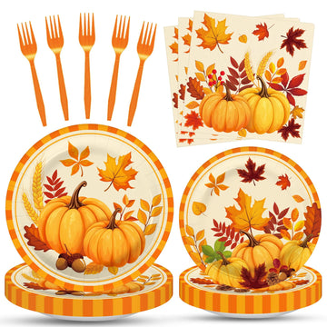 100 Pcs Fall Pumpkin Leaves Tableware Party Supplies Set, Serves 25 - Disposable Autumn Harvest Paper Plates, Napkins, and Forks