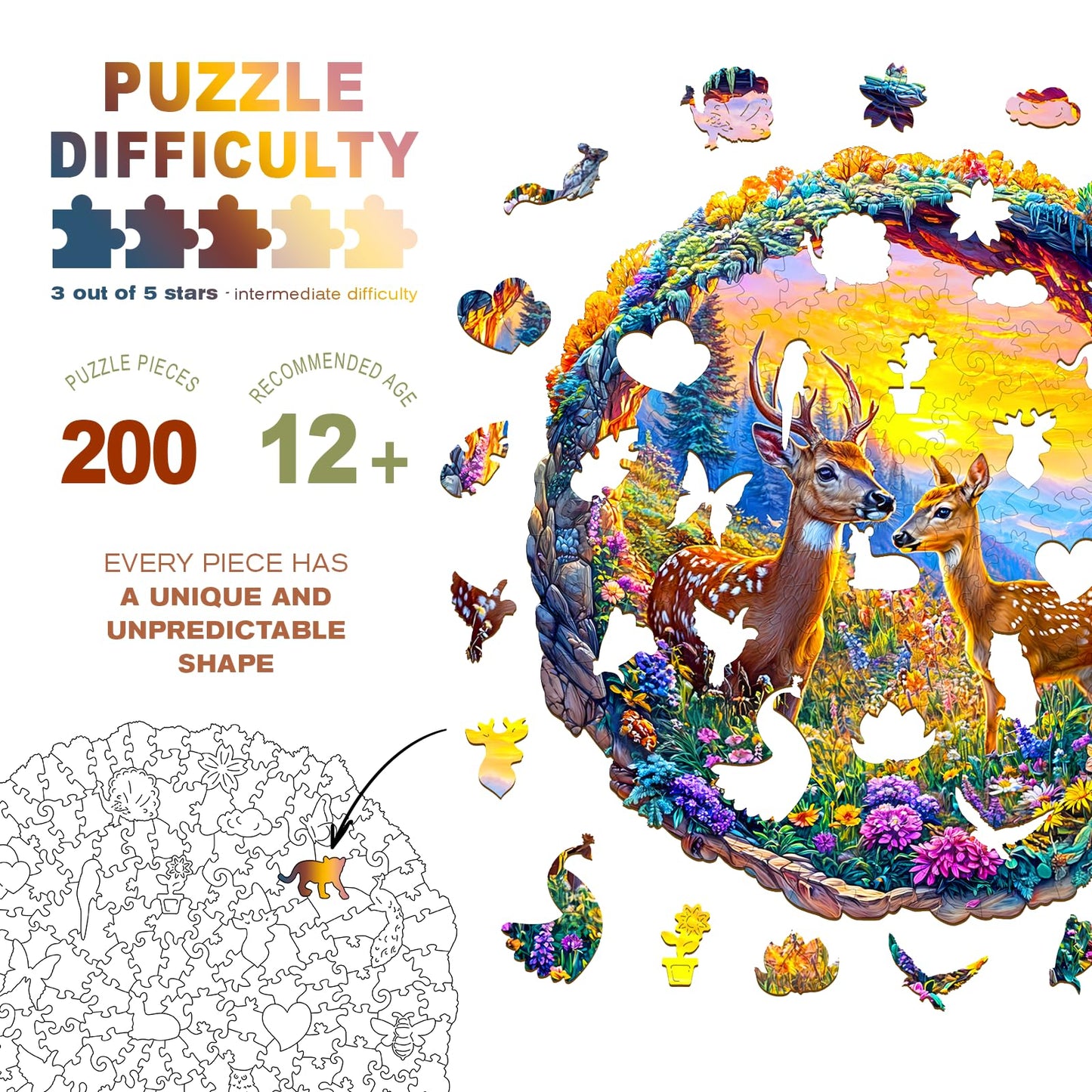 Wooden Puzzles for mature-themeds - 3D Vision Deer Wooden Jigsaw Puzzle - Unique Animal Shaped Wood Puzzles mature-themed - Creative Birthday Gift Family Game (200pcs)