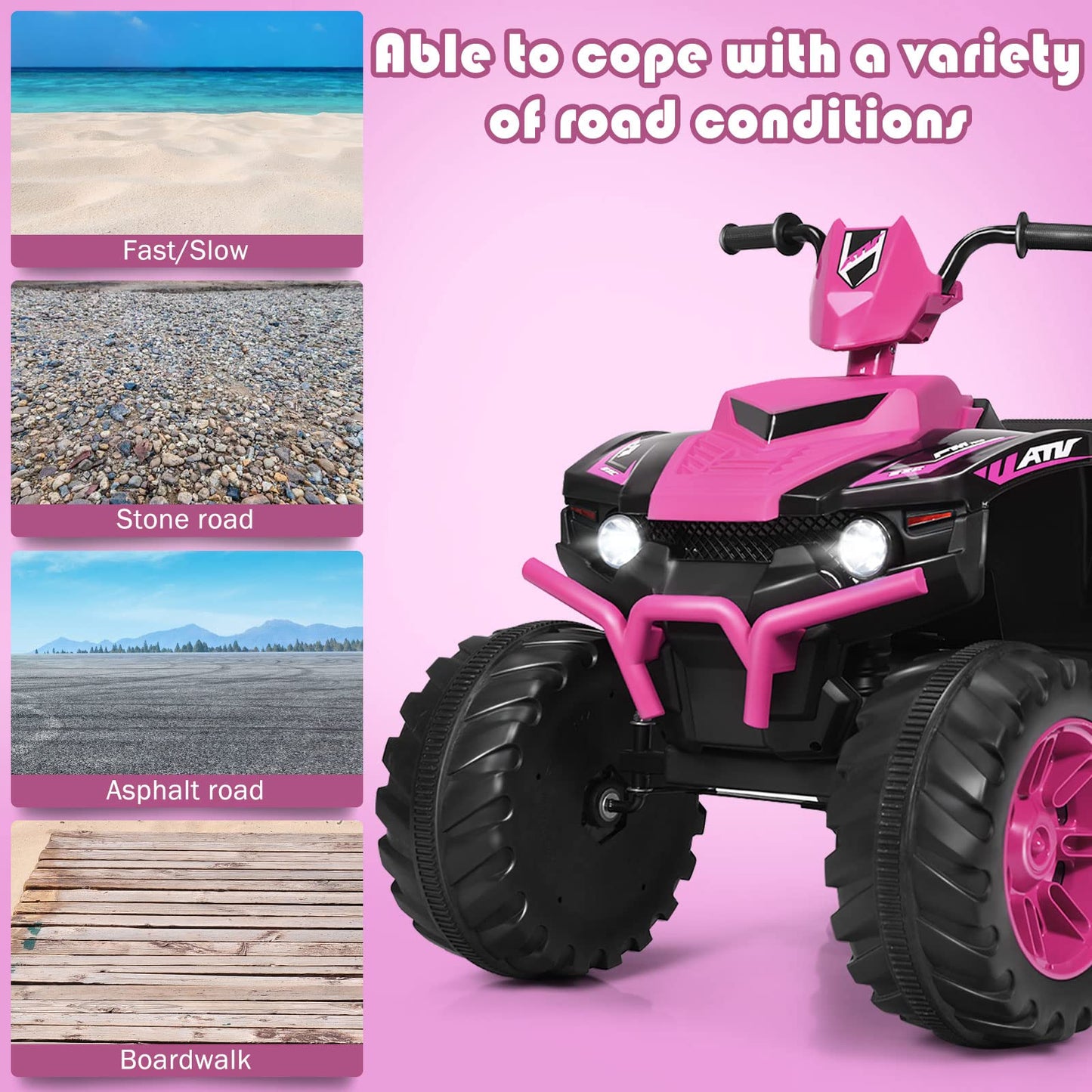 Honey Joy 12V Ride On Atv, 4-Wheeler Battery Powered Toddler Quad, 2 Speeds, Led Headlights, Slow Start, Horn, Music, Treaded Tires, Electric Ride On Toy For Kids(Pink)