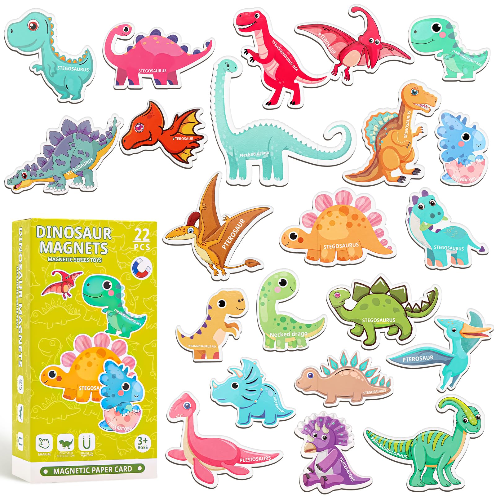 Fridge Magnetic Dinosaurs For Toddlers, 22Pcs Magnets Dinosaur Toys For Kids 3-5, Cute Dinosaurs Magnets For Fridge Flash Cards