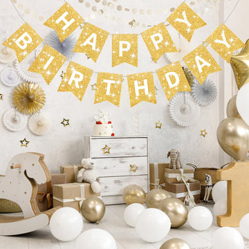 Gold Glitter Happy Birthday Banner Birthday Sign For Backdrop Gold Happy Birthday Decorations For Women Men Golden Birthday Party Supplies Wall Door Garland Bunting Banner