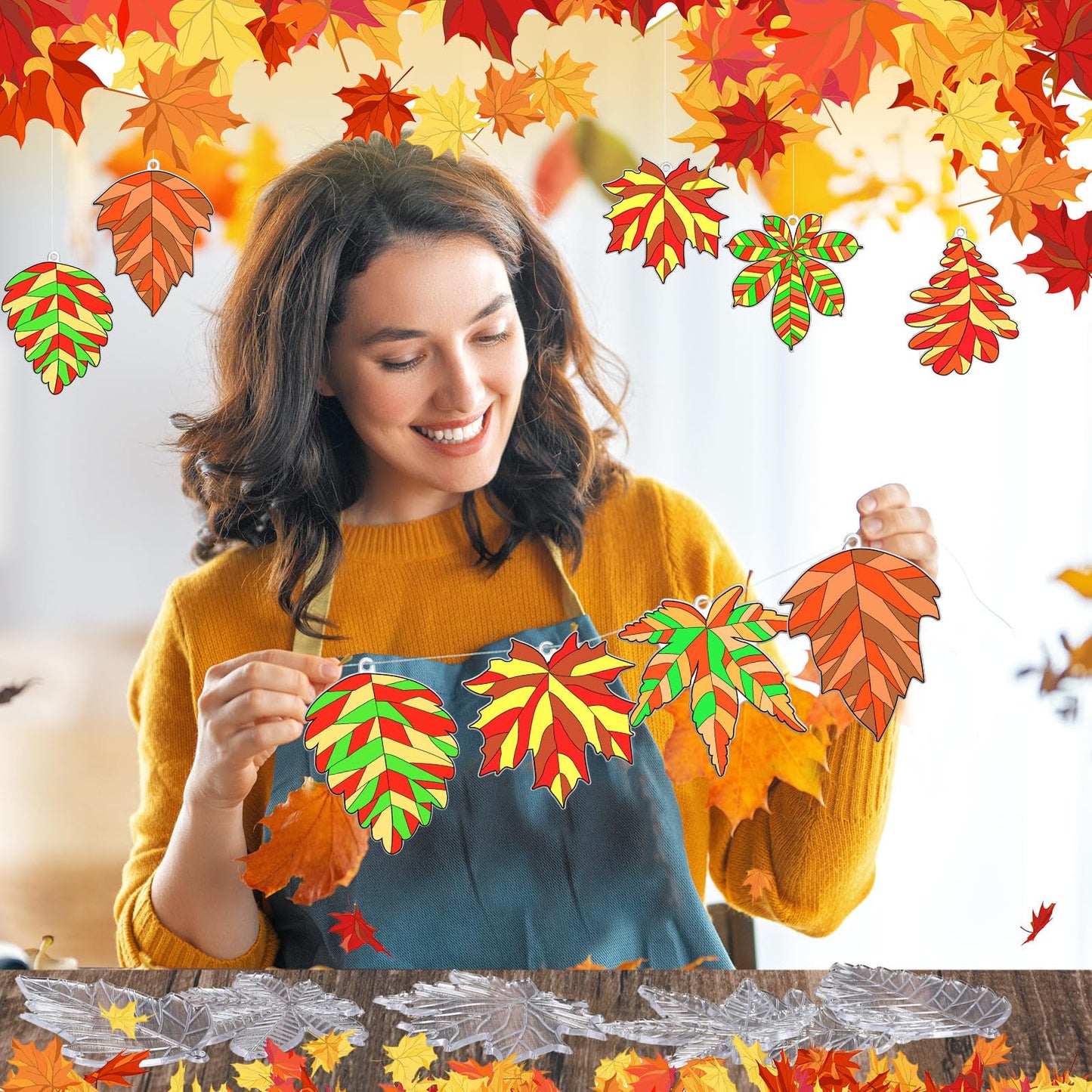 RoundFunny 60 Sets Fall Leaf Suncatchers Autumn Ornaments Decorations DIY Window Paint Art Suncatchers Autumn Maple Leaf Craft K