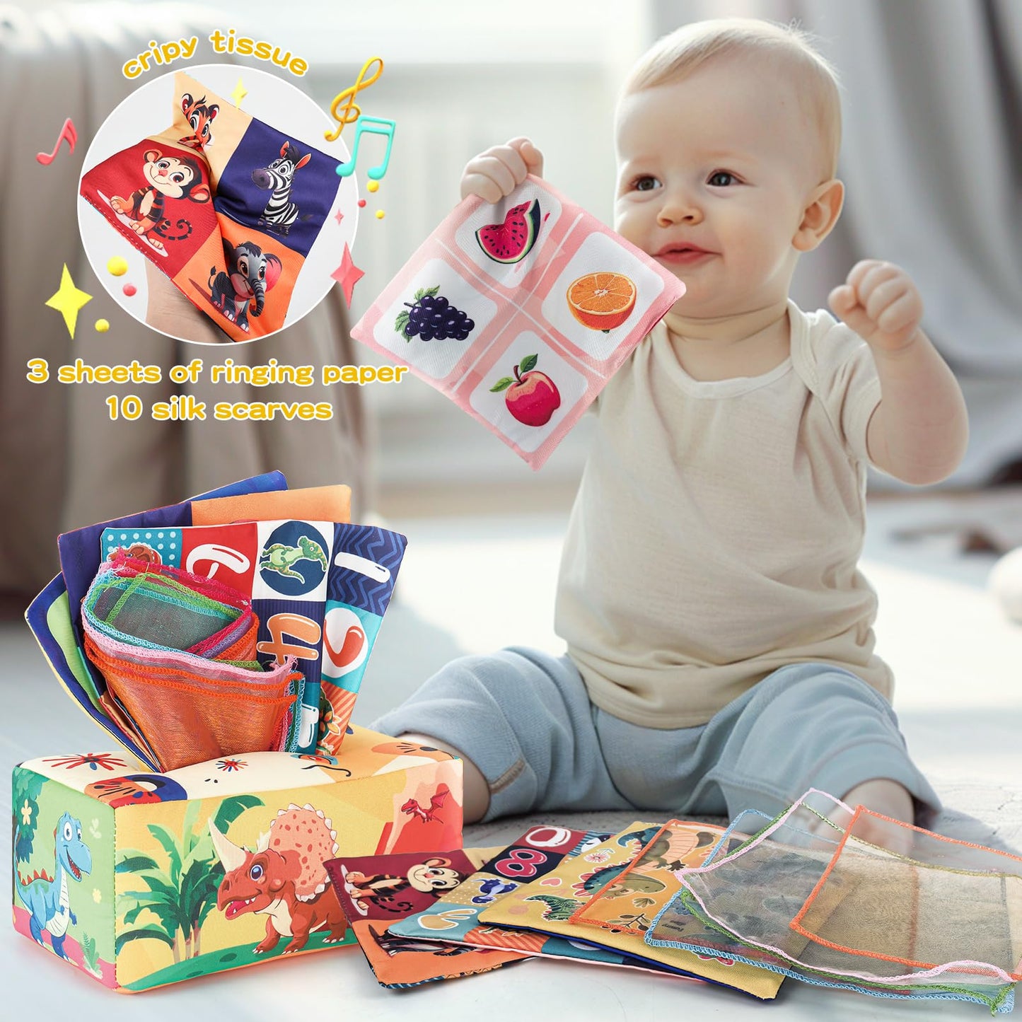 KADAYAYA Baby Toys Bundle 5 in 1 Montessori Sensory Toy for Baby 6 12 Months, Dinosaur Matching Eggs, Tissue Box Toy, Pull Strin