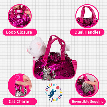 Stuffed Cat Plush Pet Carrier Set With Pink Purse W/ Reversible Sequins & Charm - Cat Stuffed Animals - White Cat Stuffed Animal