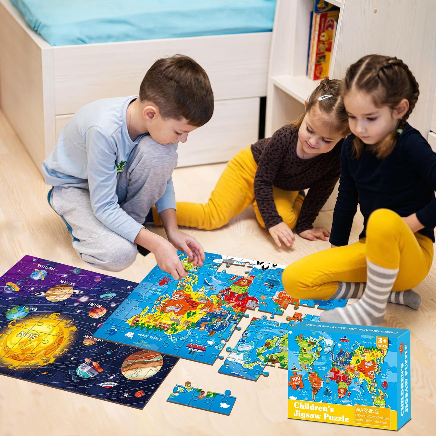 4 Packs 100Pcs World USA Map Puzzles for Kids Ages 4-6 Solar System Earth Exploration Jigsaw Puzzles Xmas Party Supplies World M