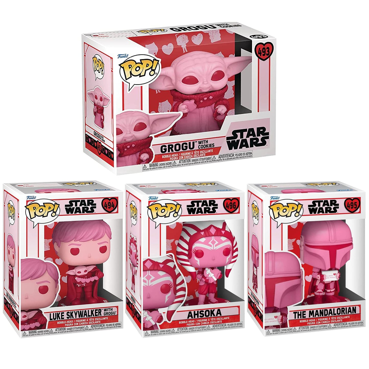 Funko Pop Valentines Star Wars Collectors Set - Luke & Grogu, Mandalorian, Ahsoka, Grogu, Figures Stand 3.75' Tall, Each Figure Comes Individually Packaged
