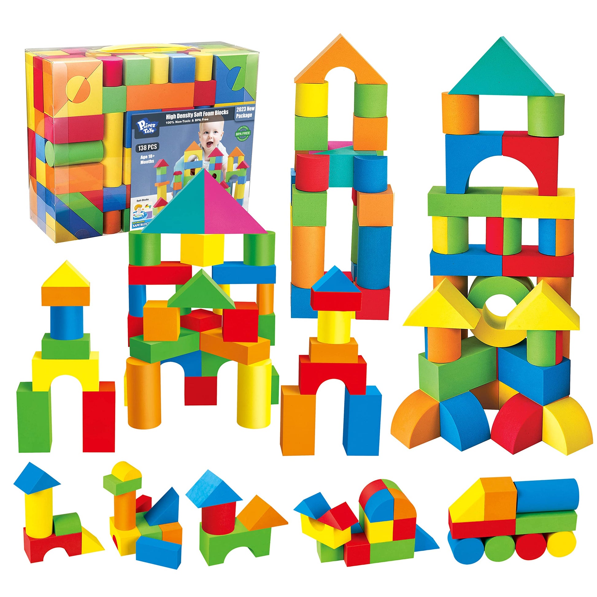 Foam Blocks for Toddlers  138 Pieces EVA Soft Stacking Building Blocks Toy Set  Early Learning Construction Toys & Gifts for Kids  Boys & Girls 18+ Months 1-3 Years
