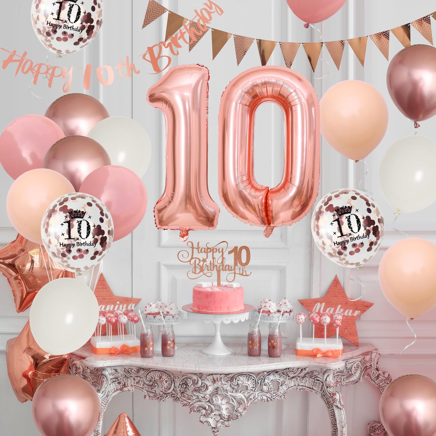 10Th Birthday Decorations Retro Pink Rose Gold,10Th Birthday Balloons,Happy 10Th Birthday Banner With Cake Toppers Rose Gold Num