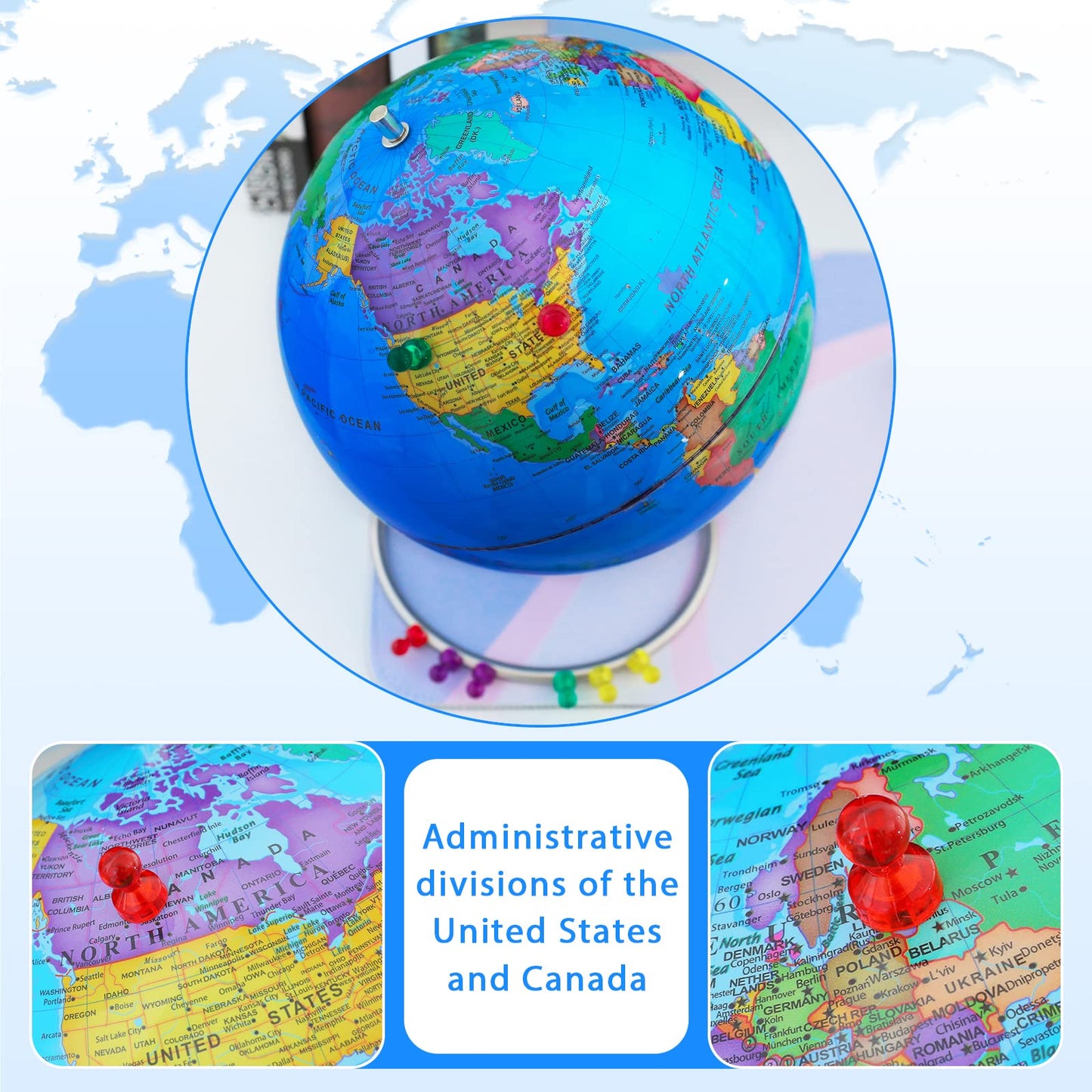 9'' World Globe For Kids Learning, Classroom Desk, Geographic Globe With Iron Stand & Colorful Magnetic Push Pins & Magnifier &