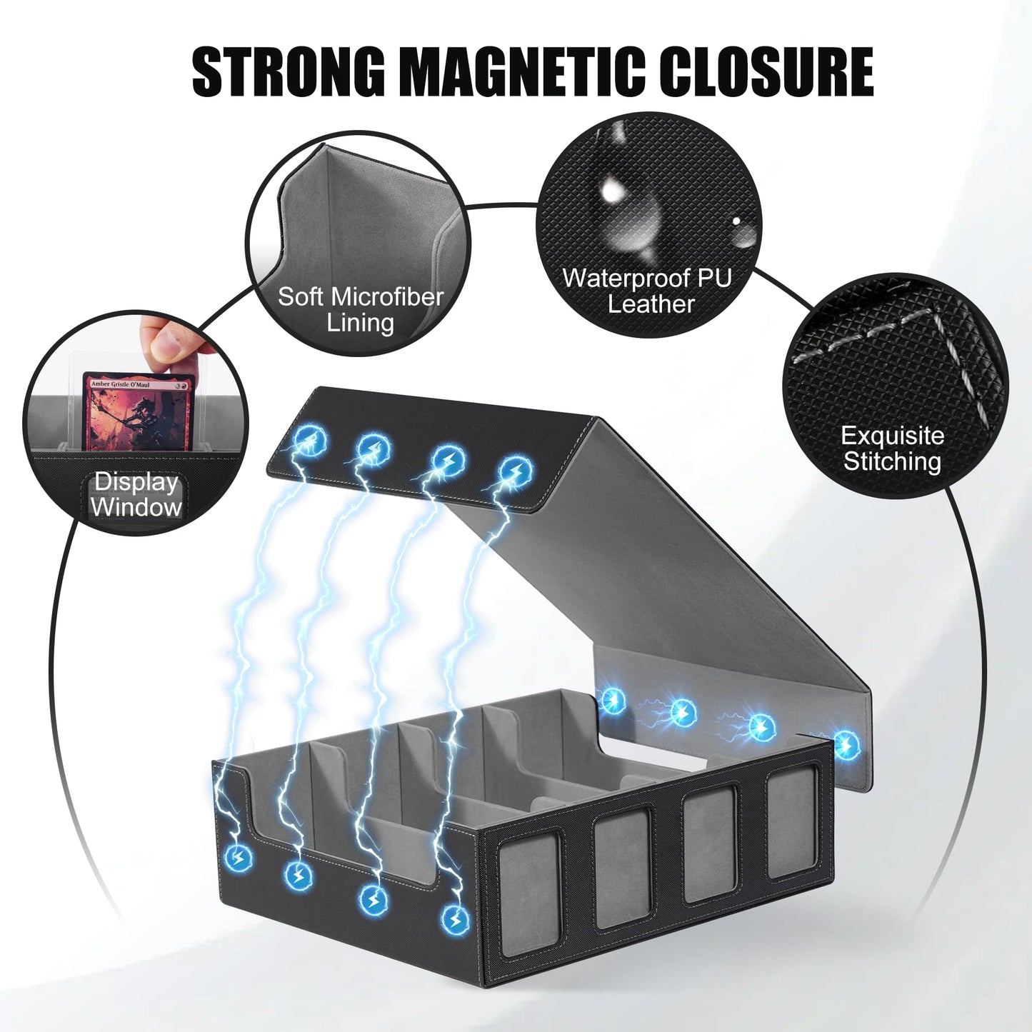 Kabinka Trading Card Storage Box with Commander Display  4-Row Deck Case with Removable Lid; 2400+ Card Deck Box for MTG TCG Sports Card  4 Toploaders  4 Stoppers  24 Dividers 1 Dice Bag (Black)