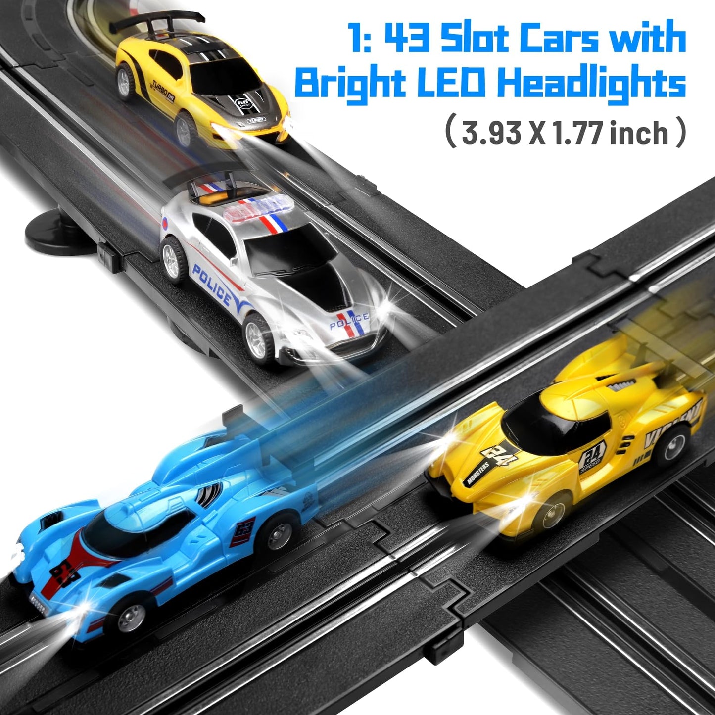 Slot Car Race Track Sets, 19Ft Electric Track With Led Lights And 4 Slot Cars, 2 Hand Controller And Racing Game Lap Counters, Race Track Set Features A Loop, Turns, And A Crossover For Boys Age 6-12