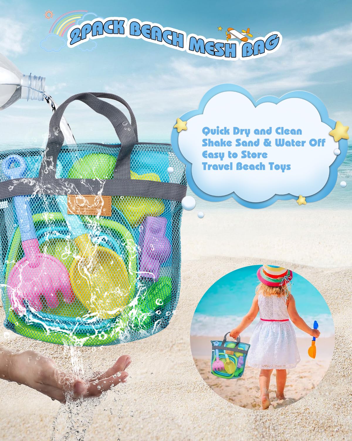 Unistylar Beach Toys, Sand Beach Toys for Toddlers with 3 Collapsible Foldable Sand Bucket and Shovels, Mesh Bag, Sand Castle An