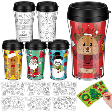 Yiyiring Set of 12 Christmas DIY Color Your Own Cups 10 oz Coloring Cups for Kids Color Your Own Plastic Mugs for Kids Party Fav