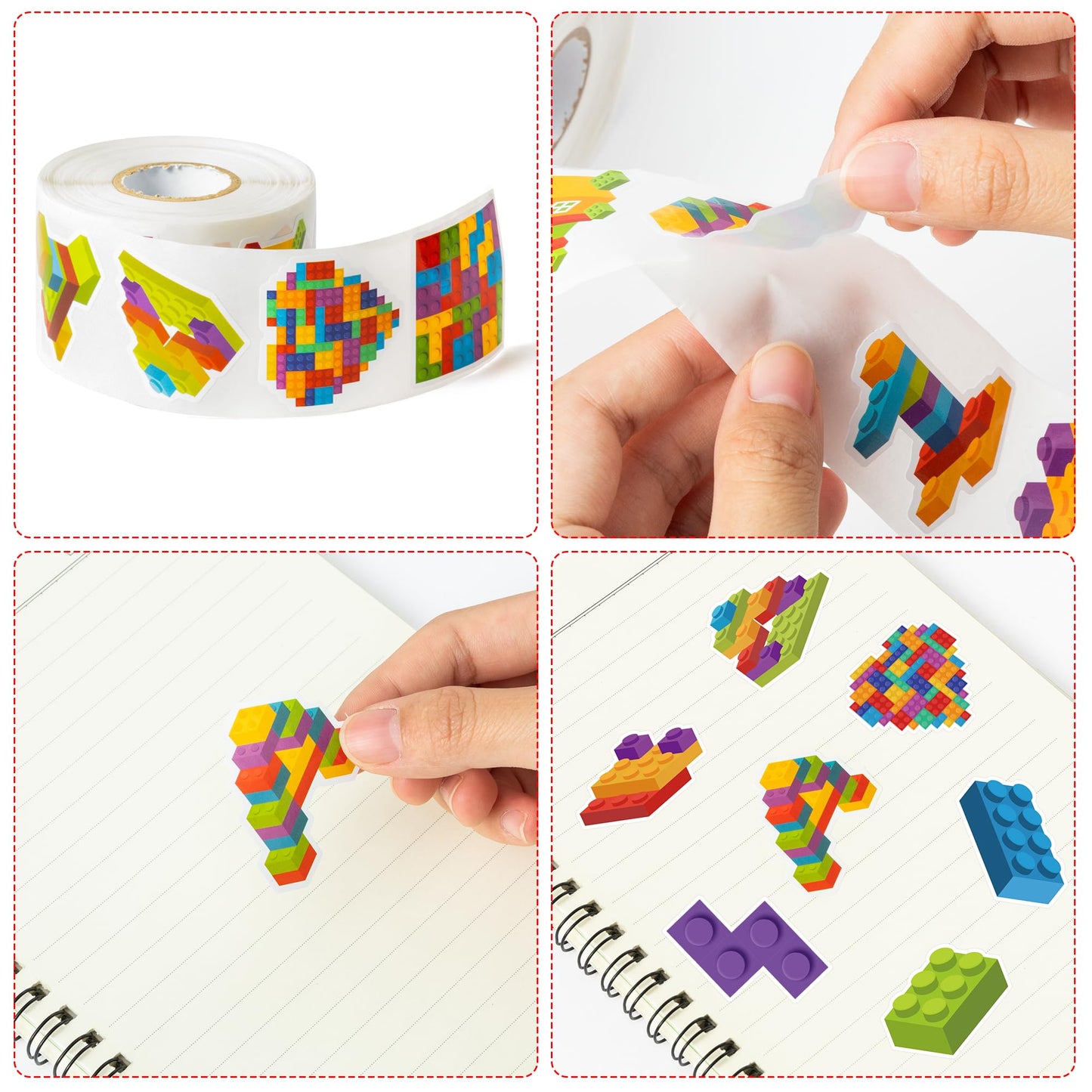 Unbess 1000Pcs Block Stickers For Kids, 2 Roll Colorful Bricks Paper Self Adhesive Heart House Decal Peel And Stick Removable To