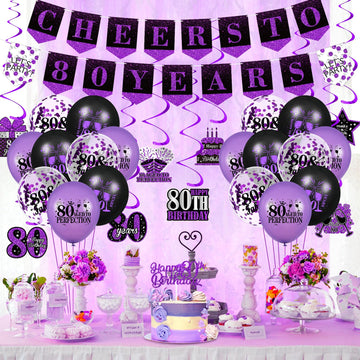 Purple 80Th Birthday Decorations For Women Men Purple Black 80Th Birthday Banner Hanging Swirls 80Th Birthday Balloons Happy 80Th Birthday Cake Topper For Purple Cheer To 80 Years Party Supplies