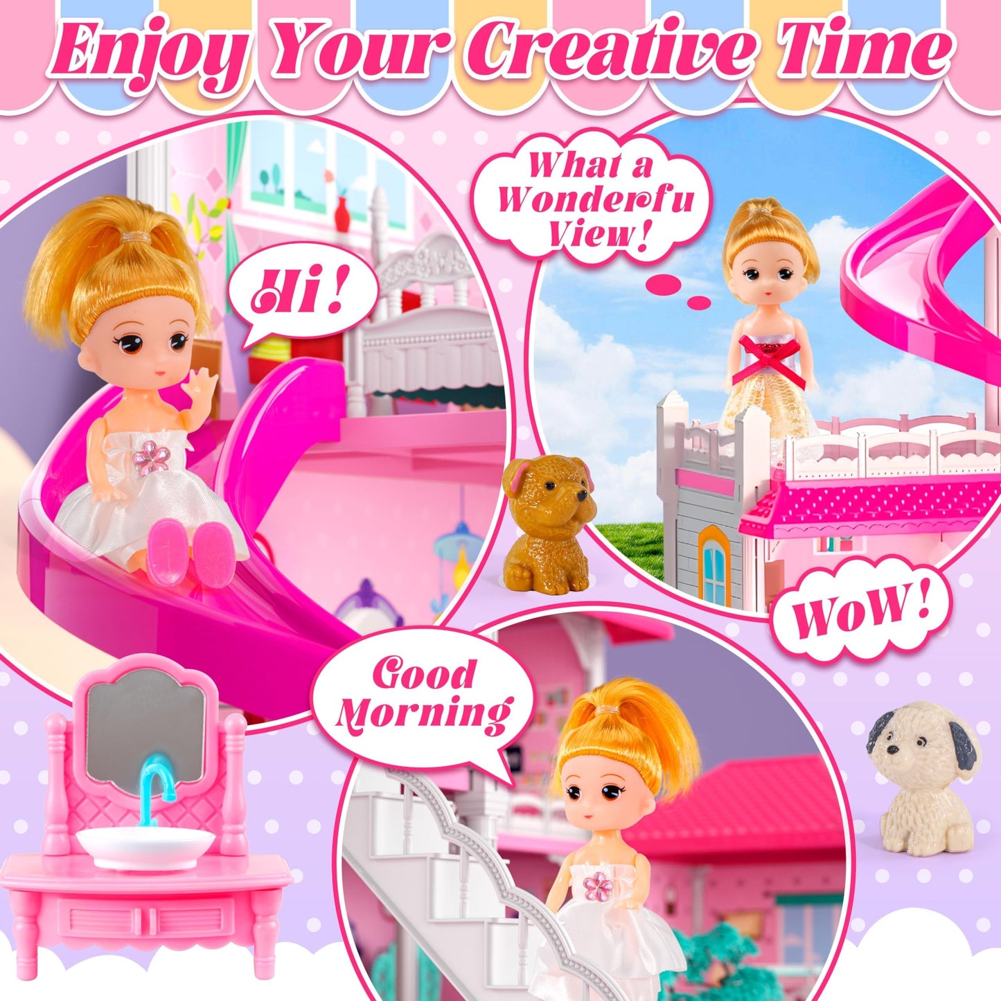 Seifar Doll House for Girls,10 Rooms Dollhouse with Dolls Figure, Puppies, Furnitures, Accessories, Playhouse Gift for Kids 3 4