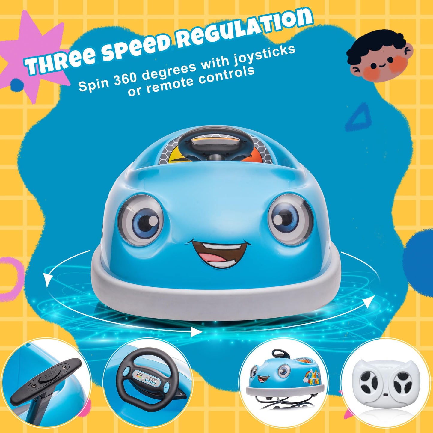 12V Dual Battery Electric Ride on Kids Bumper Car w/Remote Control,360 Degree Spin,Push Rod Rocker Horse Function,3-Speeds Babie