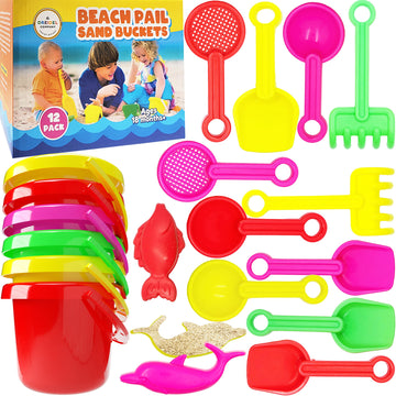 The Dreidel Company Mini Beach Day Playsets (Pack of 6) 3.25'' Sand Bucket Play Set Box Includes, Pail, Shovel, Rake, Sifter Sco