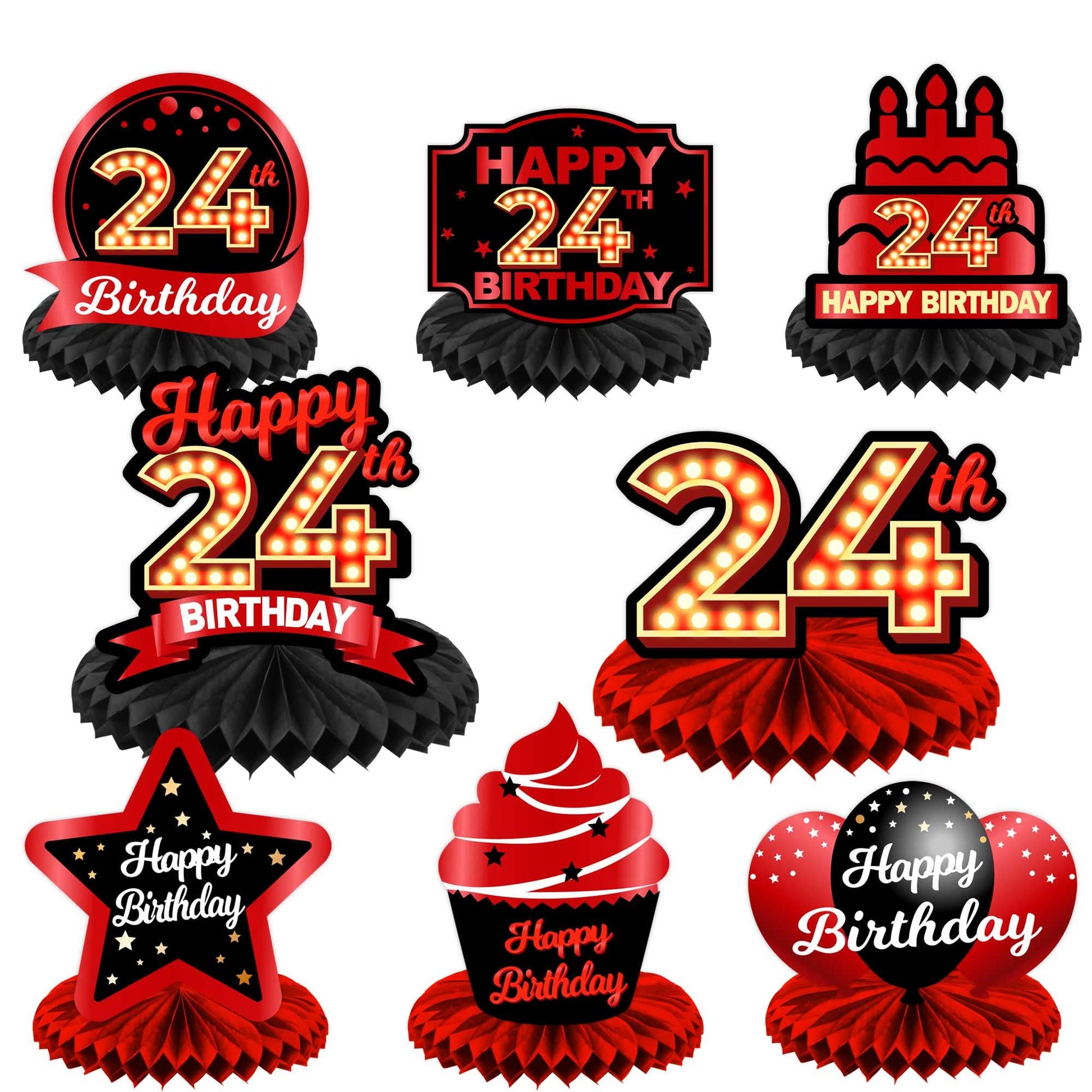 Happy 24th Birthday Red and Black Table Honeycomb Centerpieces Balloons Theme Decor Table Decorations Table Toppers for Girls Wo