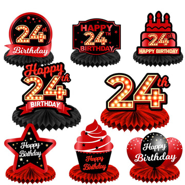 Happy 24th Birthday Red and Black Table Honeycomb Centerpieces Balloons Theme Decor Table Decorations Table Toppers for Girls Wo