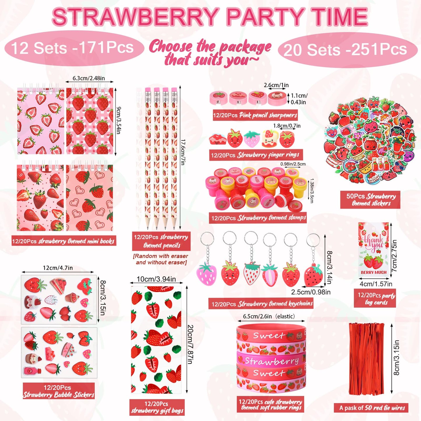 Sayglossy Strawberry Party Favors Set - 251 Pcs Gift Bags, Pencils, Notebooks, Bracelets, Keychains, Stickers - Perfect for Birthdays & Showers