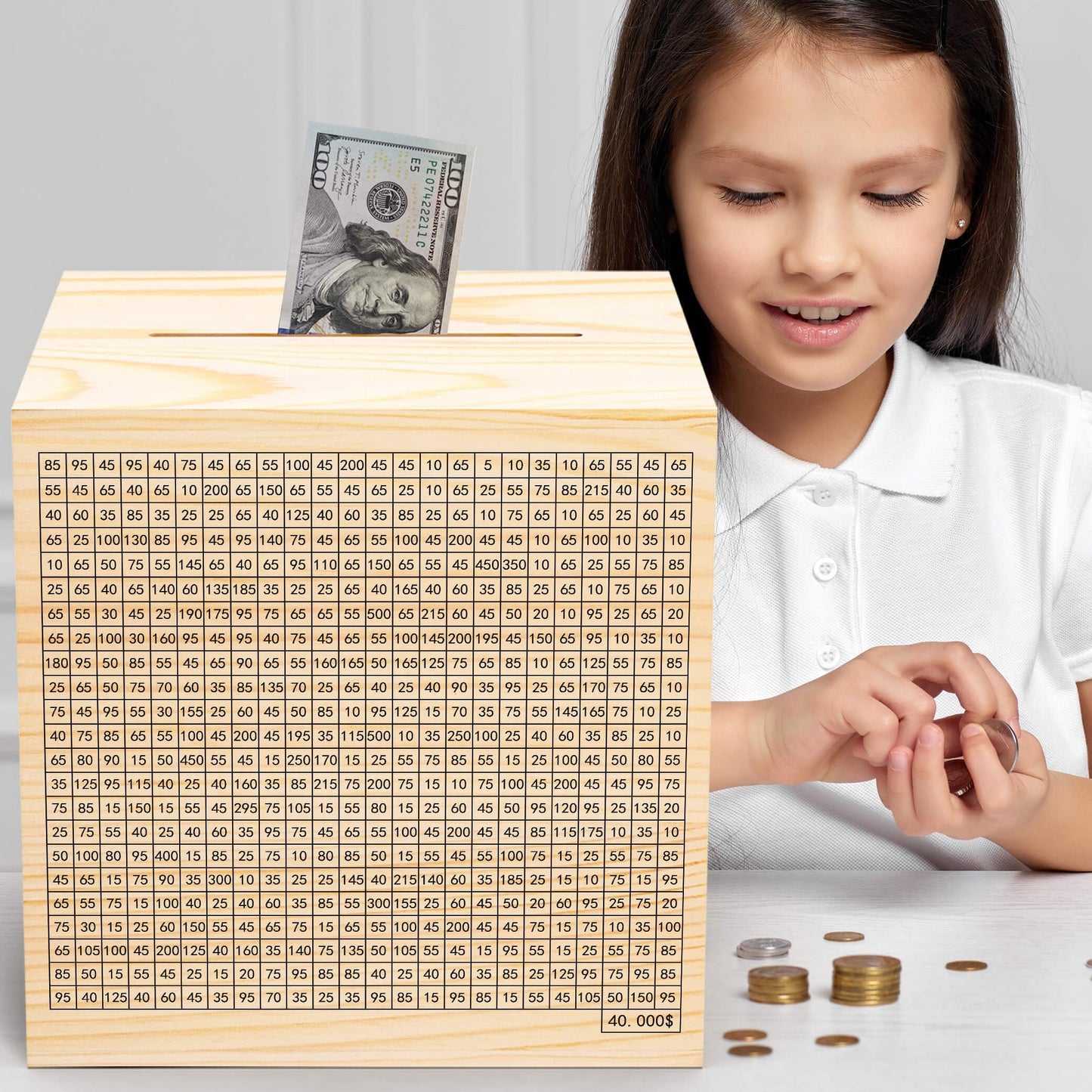 Hchangen Wooden Savings Challenge Box For Adults Kids, Wood Coin Piggy Bnak, Must Break To Open Money Box With Counter (Natural,