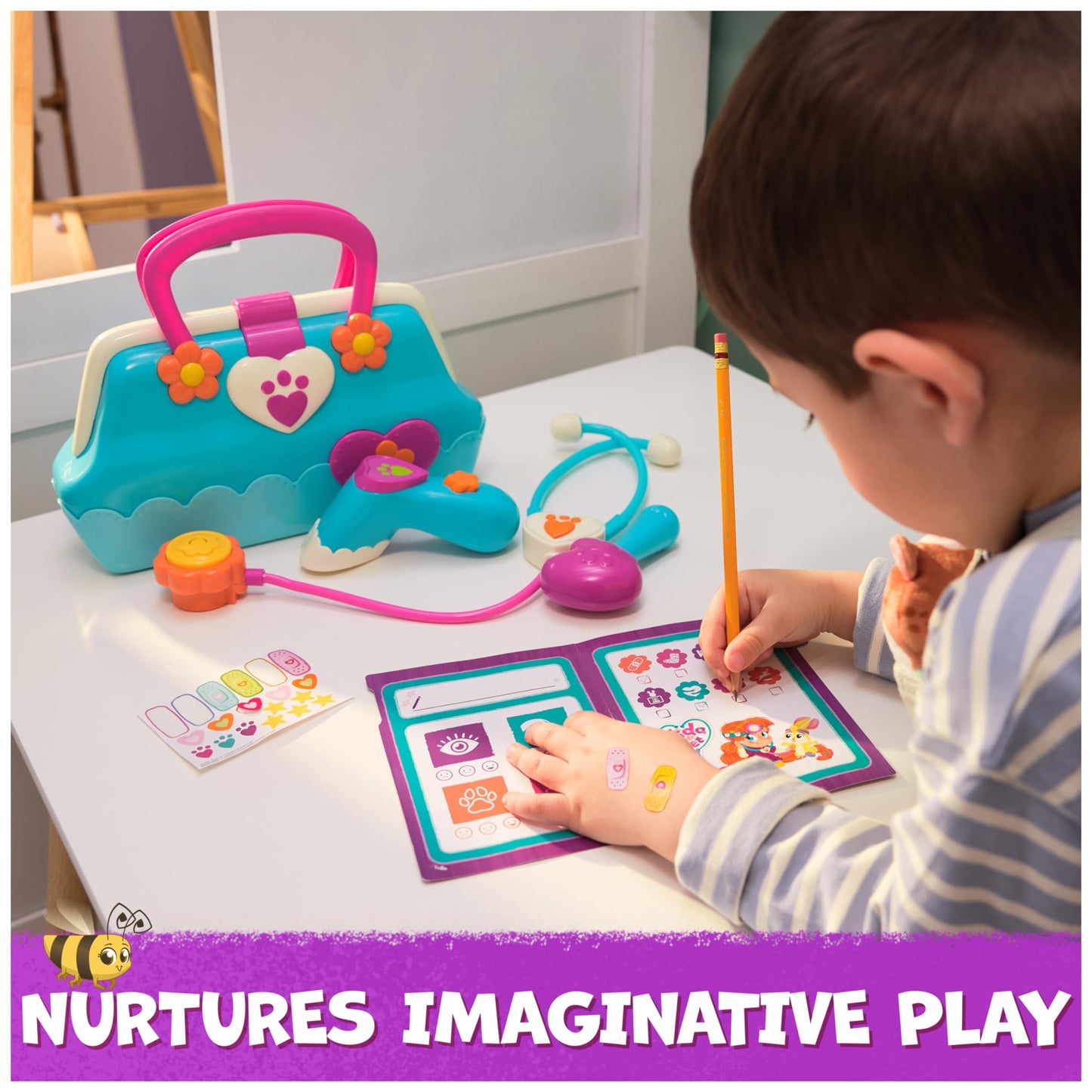 Vida the Vet, Vets Bag with 5 Veterinary Doctor Kit Accessories, 1 Popcorn Plush Toy & Stickers, for Costume Play, Kids Toys for