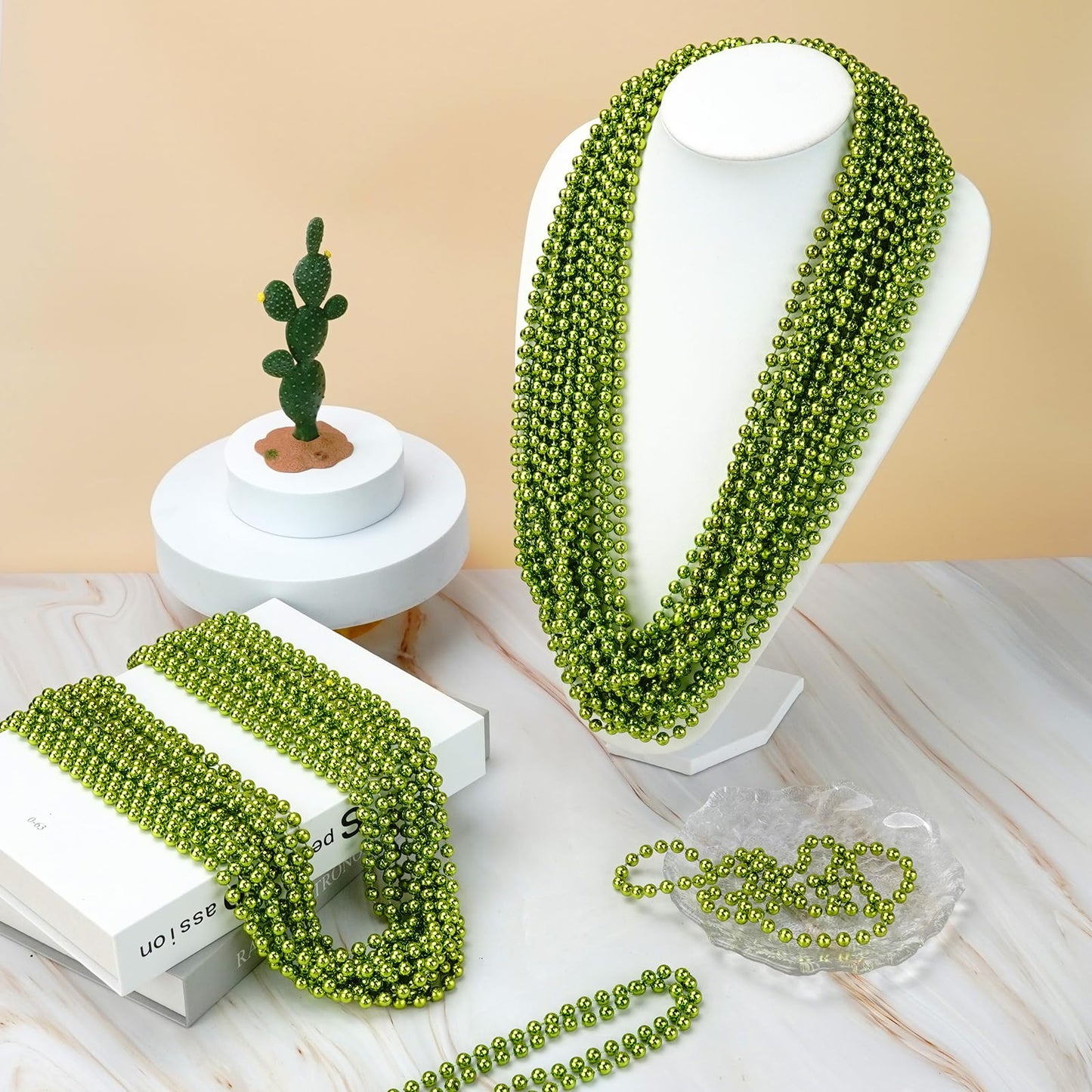 Yaxinrui 33 Inch 7 Mm Metallic Light Green Bead Necklaces, 15Pcs Mardi Gras Beads Bulk Round Beaded Necklaces Costume Necklace F