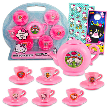 Hello Kitty Tea Party Set Bundle - 13 Piece Tea Set With Hello Kitty Tea Cups, Saucers, And Tea Kettle Plus Stickers, More | Hel