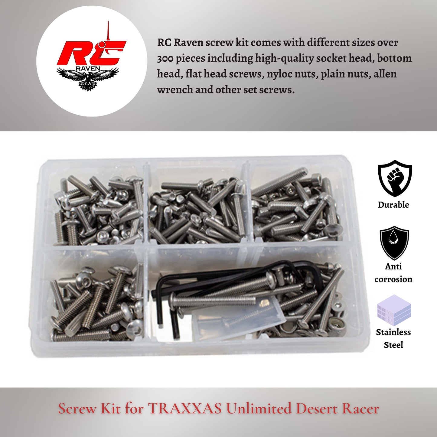 RC Raven RC Screw Kit for Unlimited Desert Racer with over 300 pcs Stainless Steel RC Car Tool Kit including Head Screws, nuts,