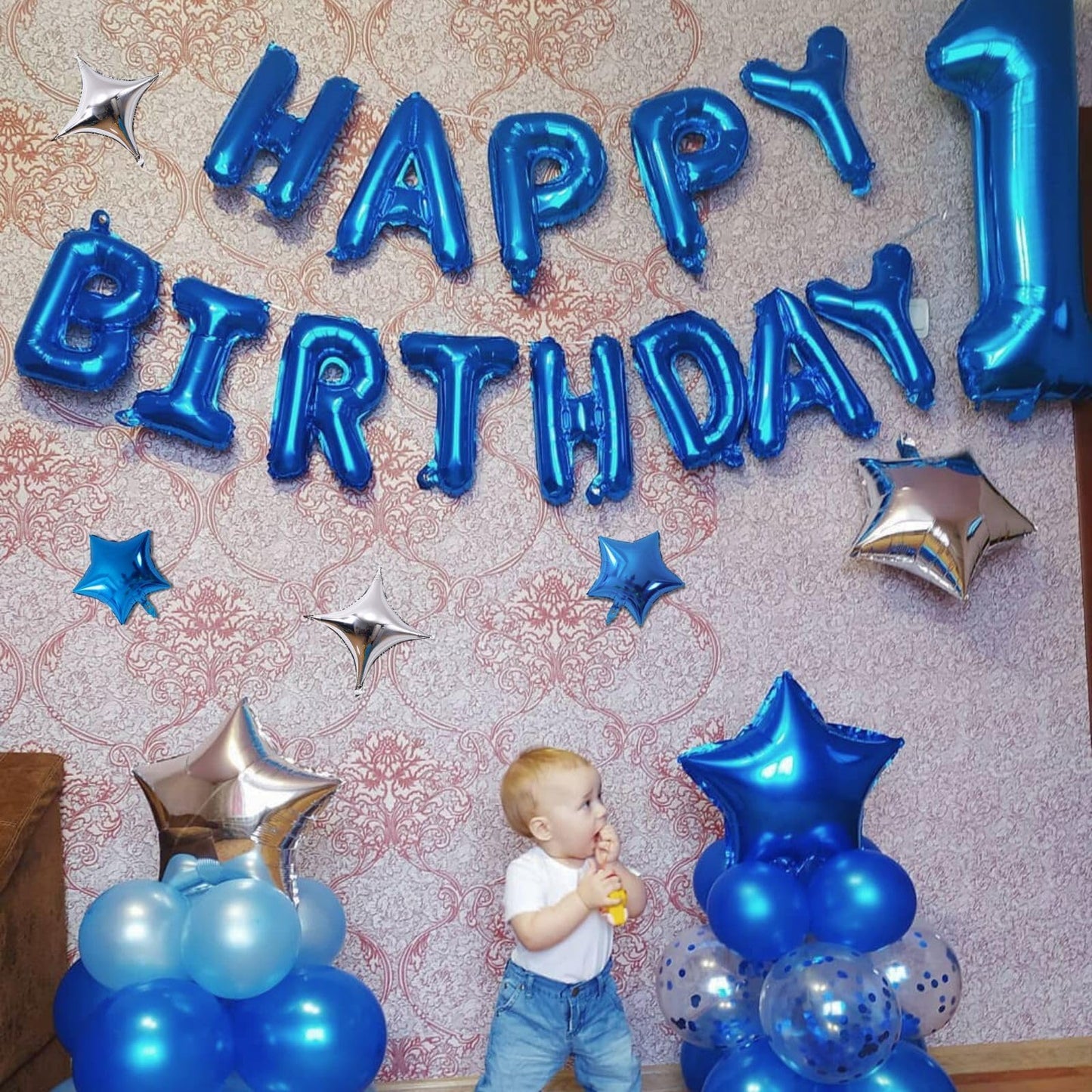 Happy Birthday Balloons Banner, Blue Happy Birthday Foil Balloons 16 Inch Mylar Foil Letter Balloons With 8 Pcs Blue Silver Star